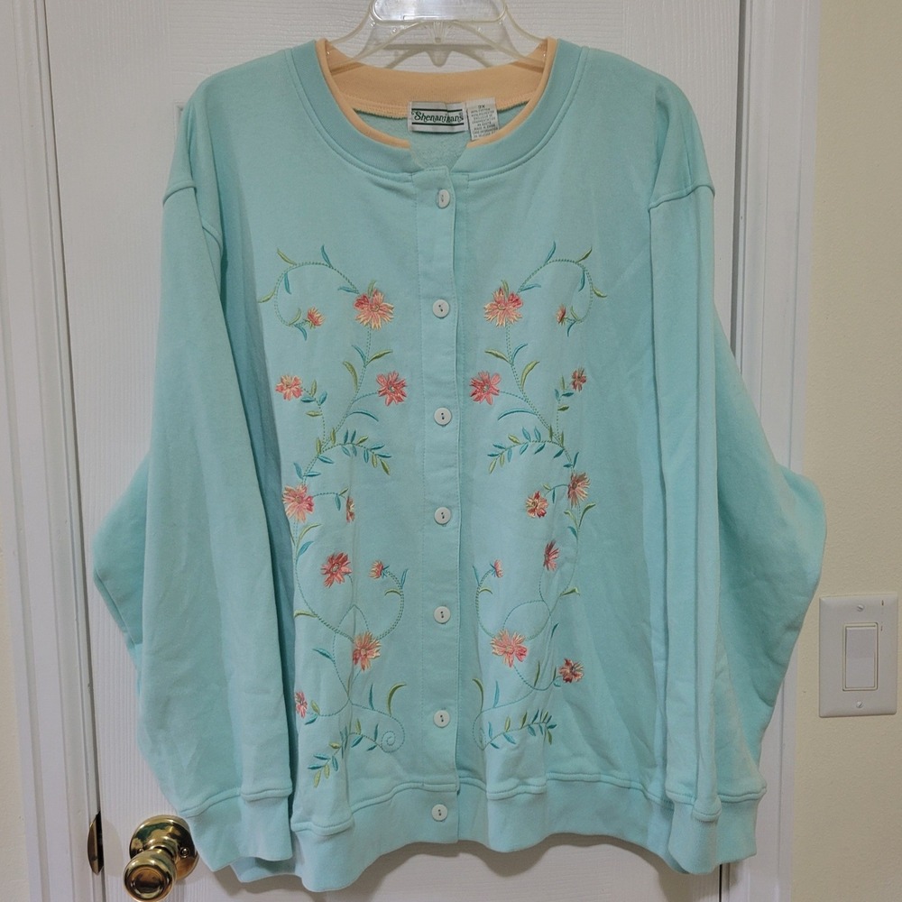 Shenanigans Floral Embroidered Button Front Cardigan Sweatshirt Mint Green 3X